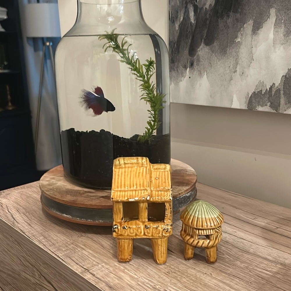 Tiki hut fish bowl tank mid century aquarium decor set